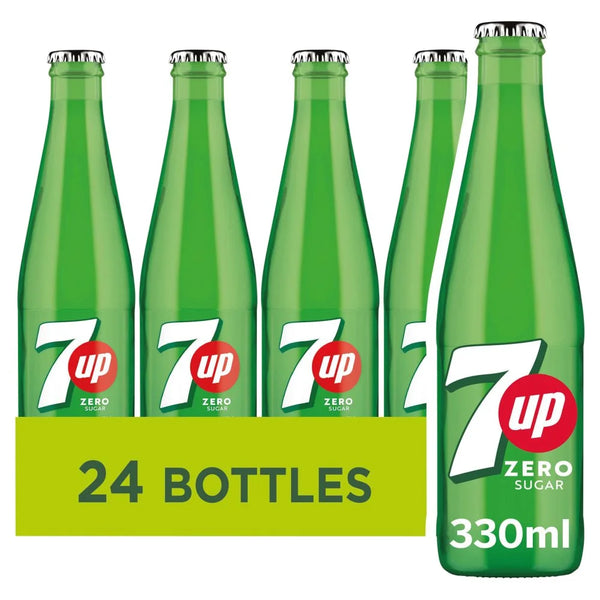 7UP Zero Sugar Free Lemon & Lime Glass Bottles 330ml, front of pack