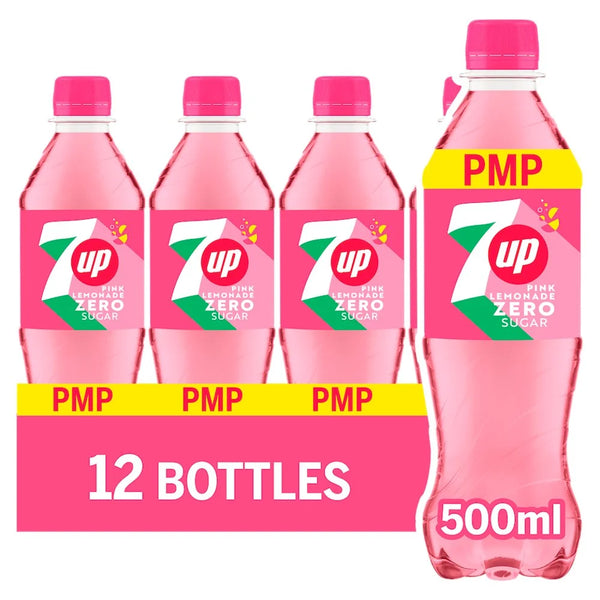 7Up Zero Sugar Pink Lemonade 500ml bottle, front of pack