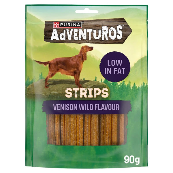 Adventuros Strips venison flavour dog treats 90g, front of pack