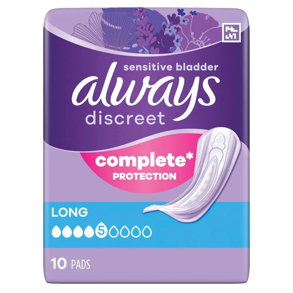 Always Discreet Incontinence Pads Long 10 pack, front of pack