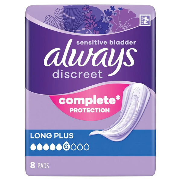 Always Discreet Incontinence Pads Long Plus 8 pack, front of pack