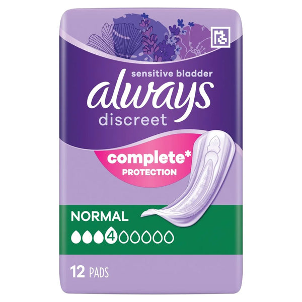 Always Discreet Incontinence Pads Normal 12 pack, front of pack