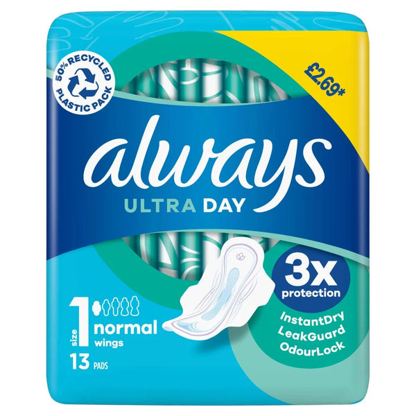 Always Ultra Day Normal (Size 1) Pads with Wings x52, front of pack