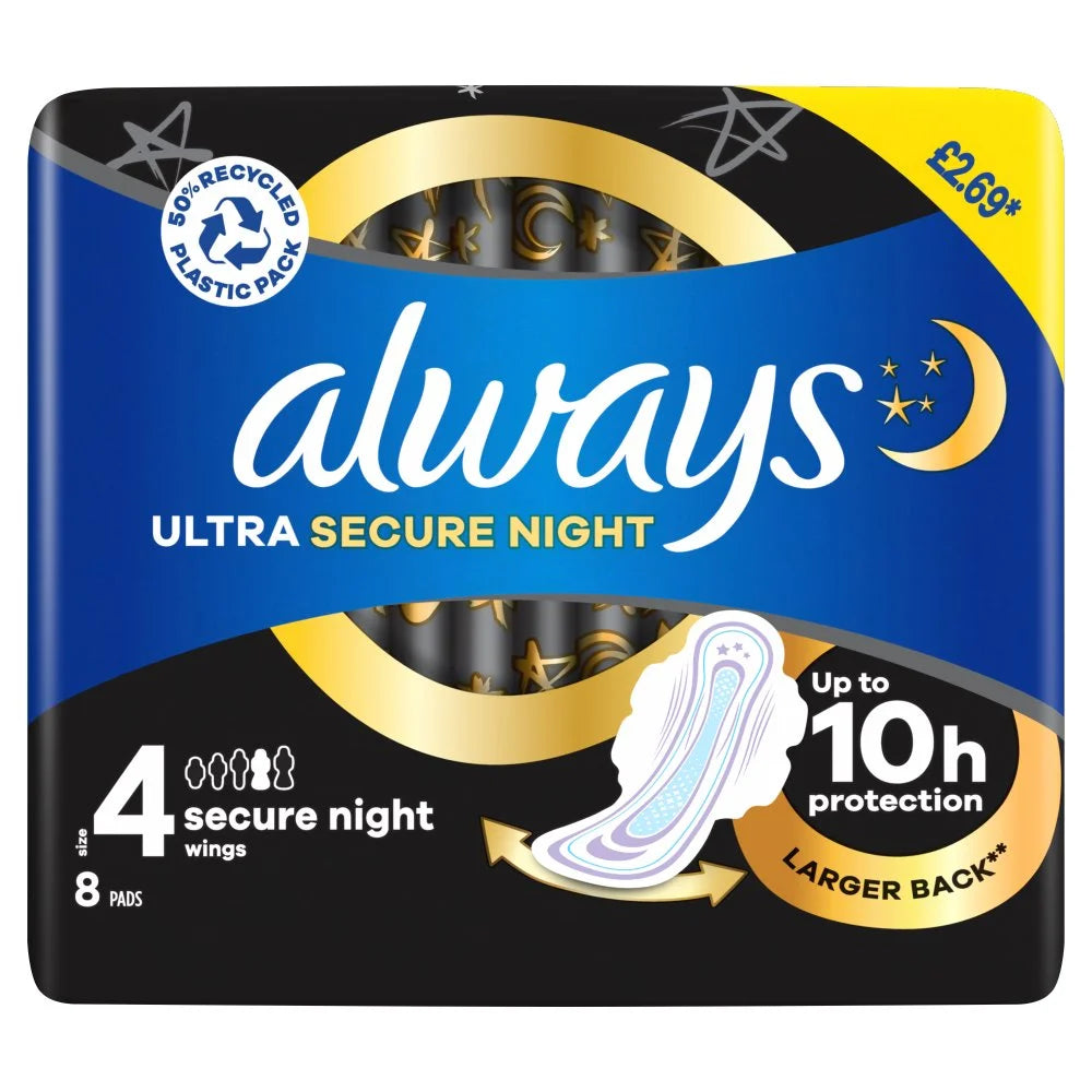 Always Ultra Secure Night Size 4 sanitary towels with wings, front of pack
