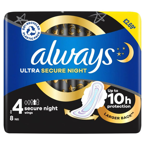 Always Ultra Secure Night Size 4 sanitary towels with wings, front of pack