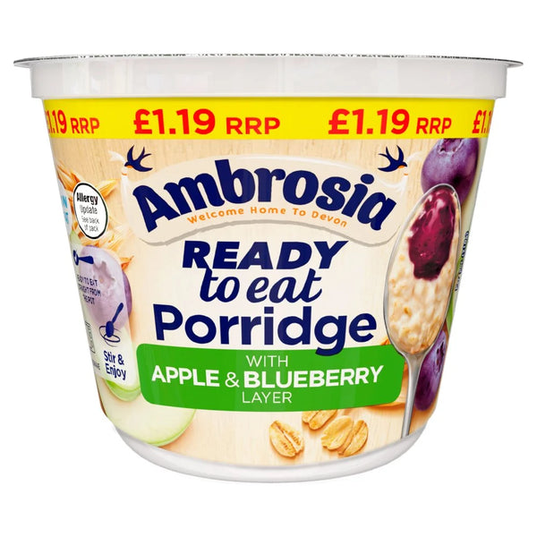 Ambrosia Ready to Eat Porridge with Apple & Blueberry Layer 210g, front of pack