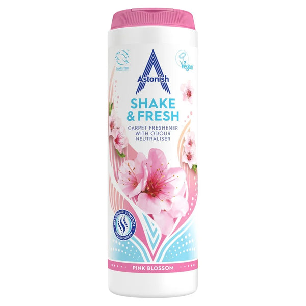 Astonish Pink Blossom Carpet Freshener 350g, front of pack