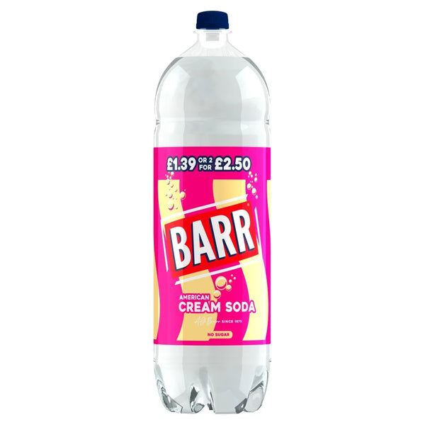 Barr Cream Soda No Sugar Soft Drink 2L bottle, front of pack