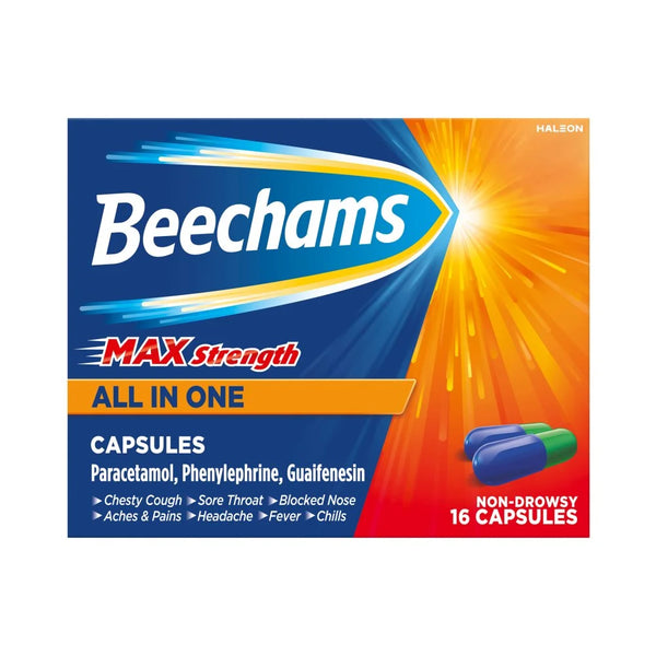 Beechams Max Strength Cold and Flu Capsules 16s, front of pack