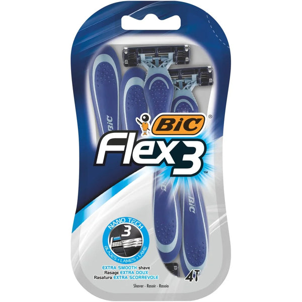 BIC Flex 3 Men's 3 Blade Disposable Razors x4, front of pack