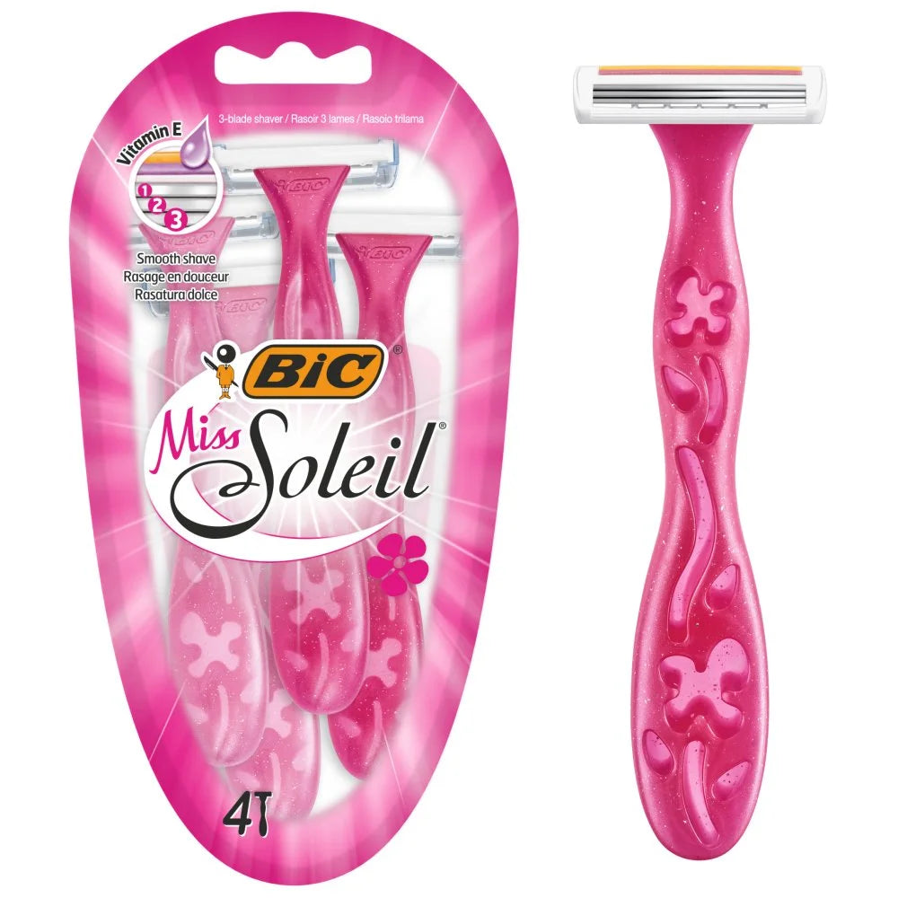 BIC Miss Soleil Women's 3 Blade Disposable Razors x4, front of pack