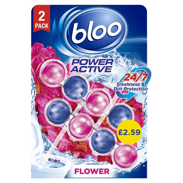 Bloo Power Active Flower Toilet Rim Block 2 x 50g, front of pack