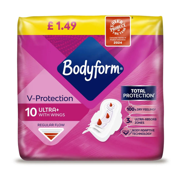 Bodyform Cour-V Ultra Normal Sanitary Towels Wings 10 pack, front of pack