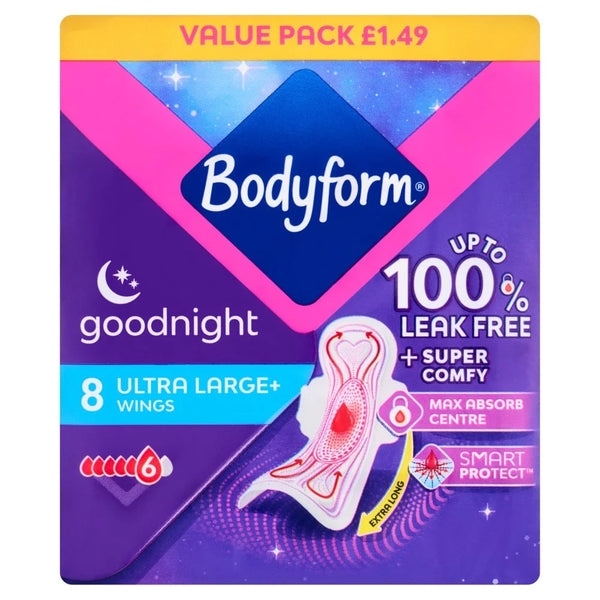 Bodyform Total Protection Ultra Night Sanitary Towels with Wings, front of pack
