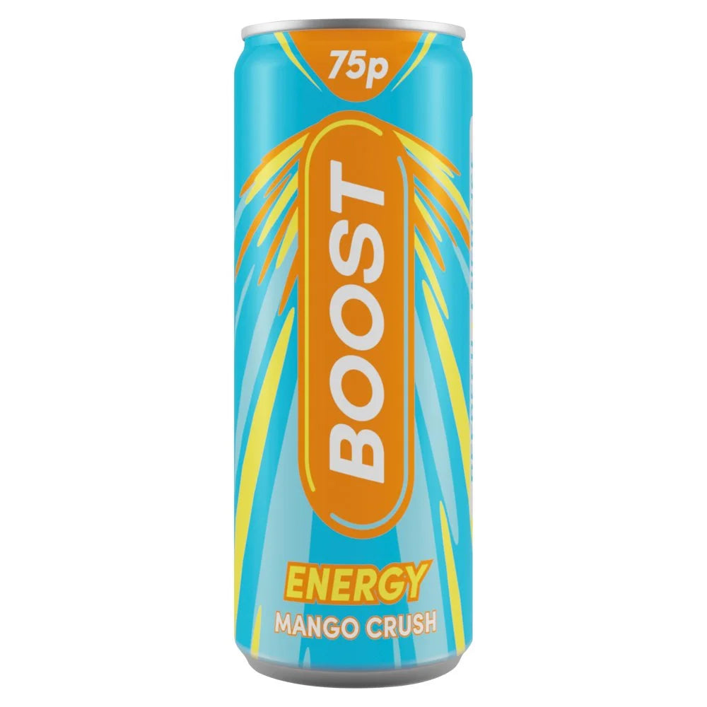 Boost Energy Drink Mango Crush Can 250ml, front of pack