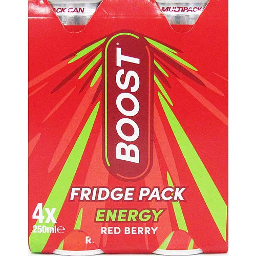 Boost Red Berry Energy Drink 250ml, 4 Pack, front of pack