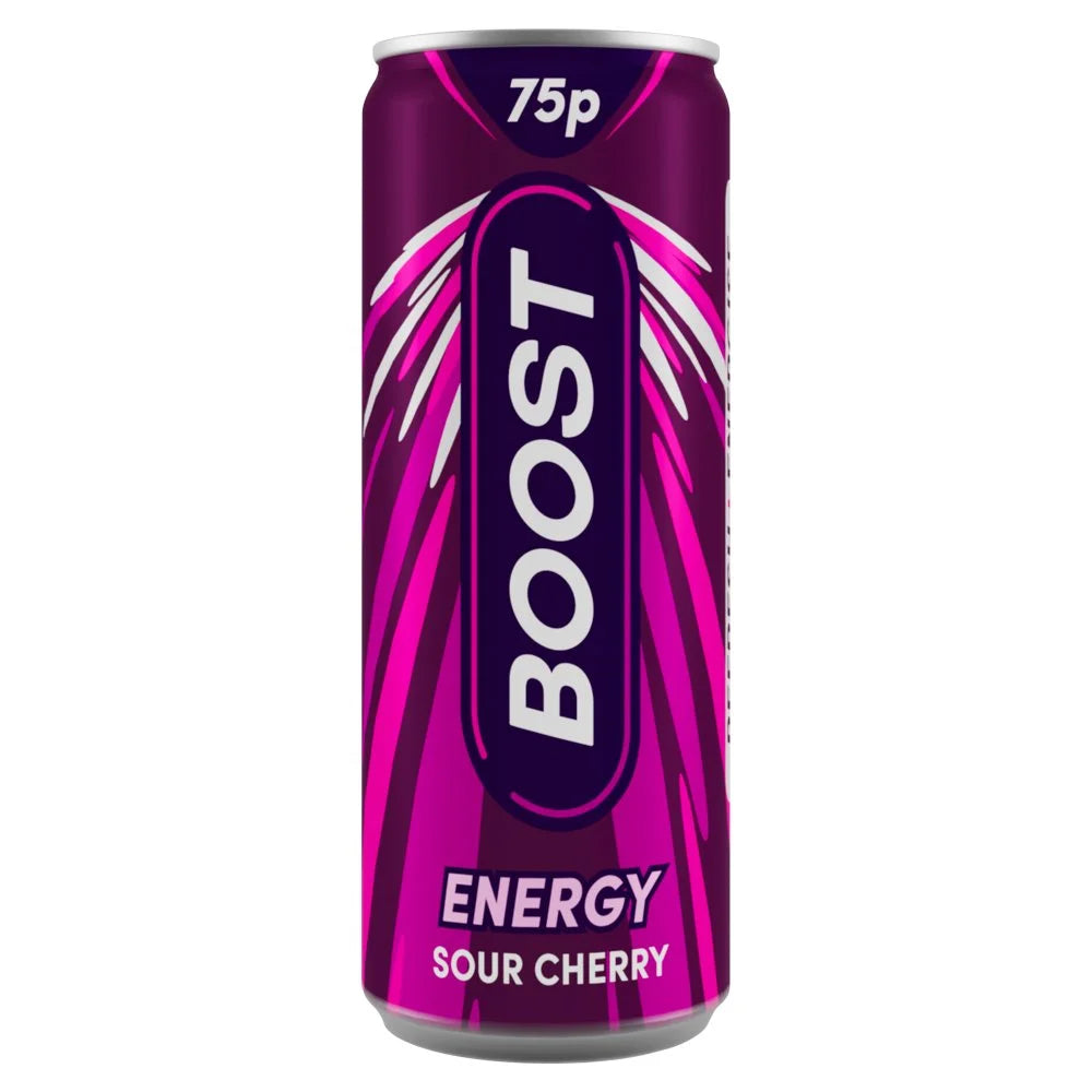 Boost Sour Cherry Energy Drink Can 250ml, front of pack