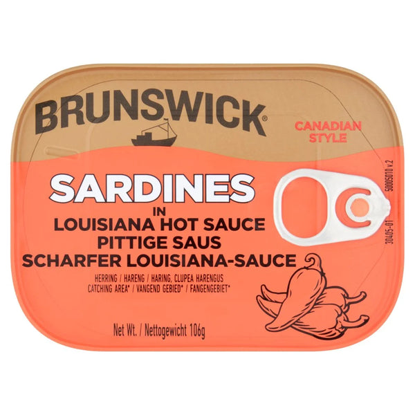 Brunswick Canadian Style Sardines in Louisiana Hot Sauce 106g, front of pack
