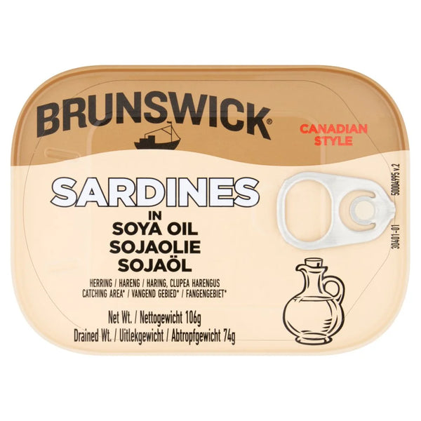 Brunswick Canadian Style Sardines in Soya Oil 106g, front of pack