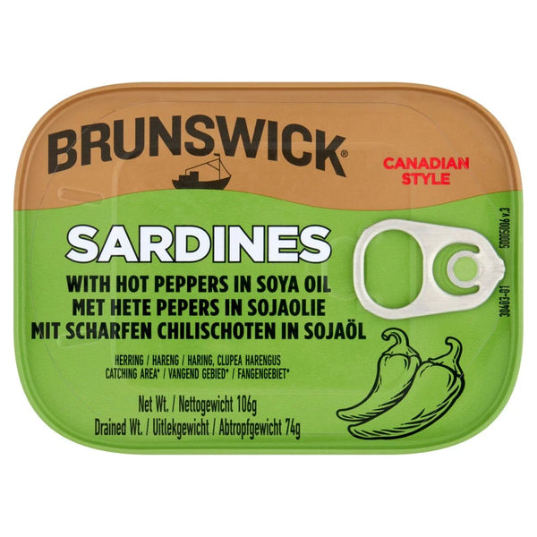 Brunswick Canadian Style Sardines with Hot Pepper in Soya Oil 106g, front of pack