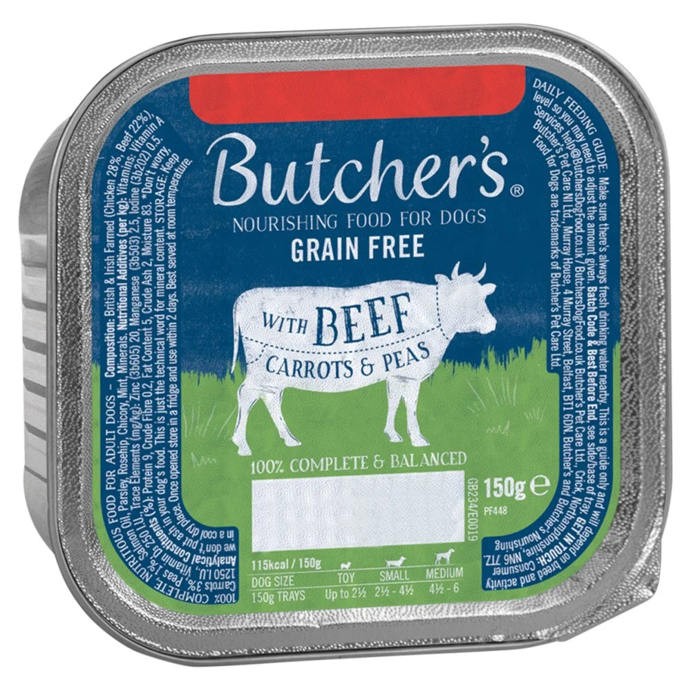 Butcher's Nourishing Food for Dogs with Beef Carrots & Peas 150g, front of pack