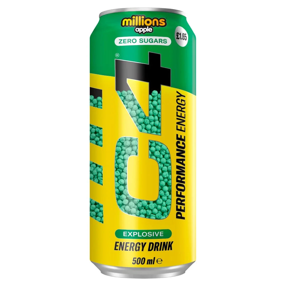 C4 Millions Apple Zero Sugars Energy Drink 500ml, front of pack