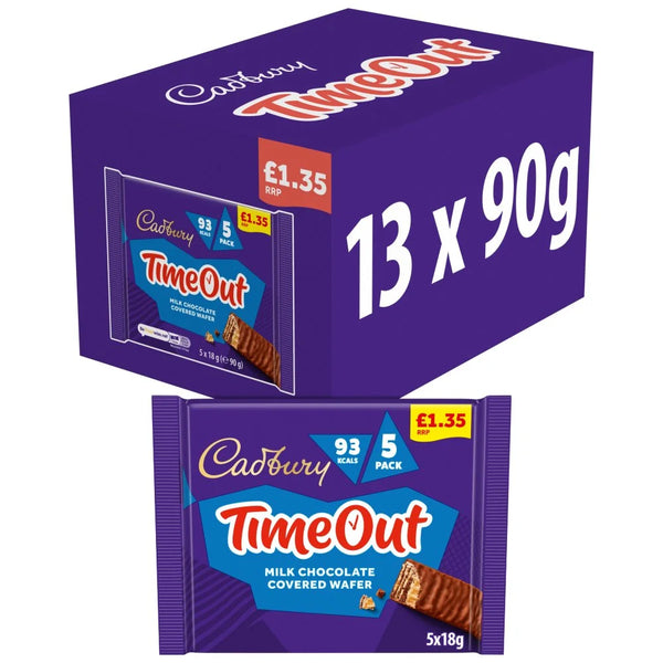 Cadbury Timeout Milk Chocolate Wafer Biscuit Bars multipack 5 x 18g, front of pack