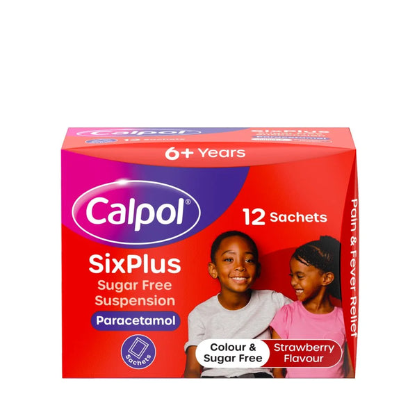 Calpol Six Plus Sugar Free Suspension sachets, front of pack