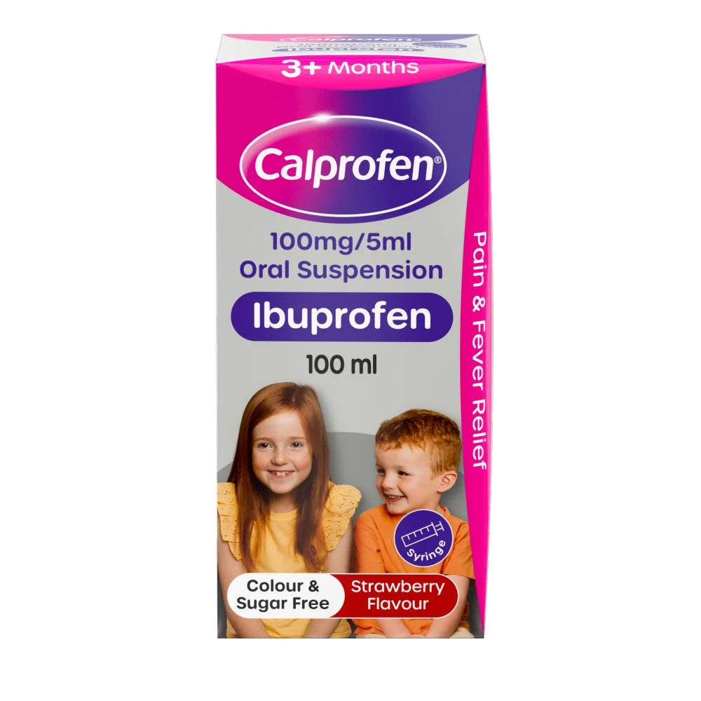 Calprofen Ibuprofen Oral Suspension Strawberry 100ml, front of pack