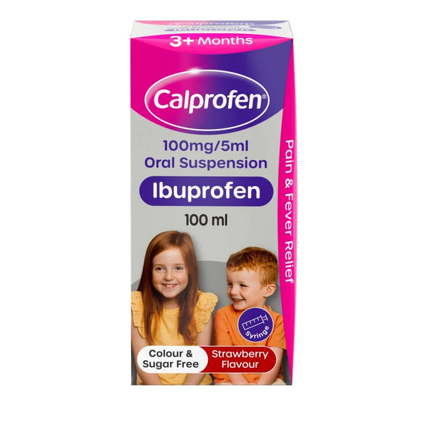 Calprofen Ibuprofen Oral Suspension Strawberry 100ml, front of pack