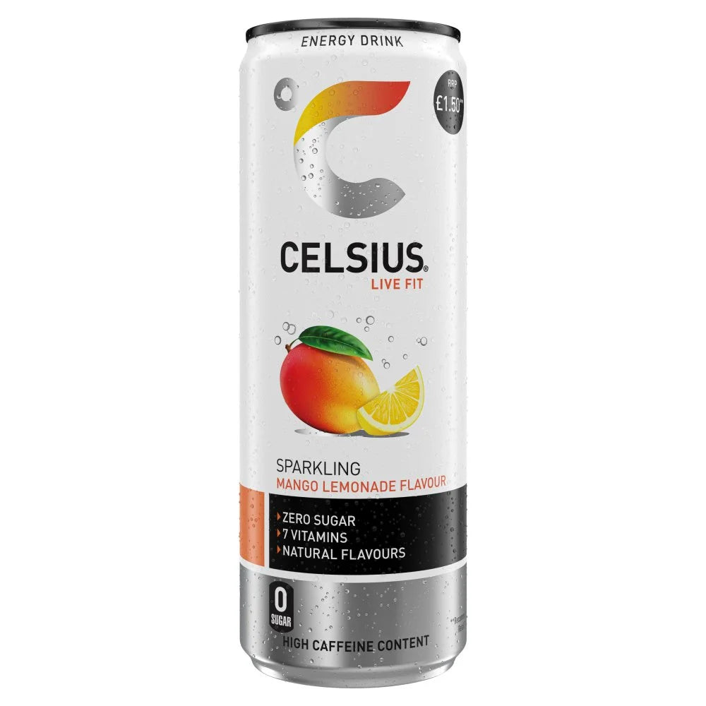 Celsius Sparkling Mango Lemonade 355ml, front of pack