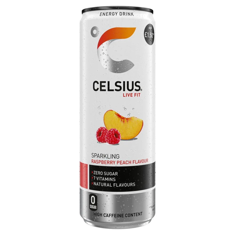 Celsius Sparkling Raspberry Peach 355ml, front of pack