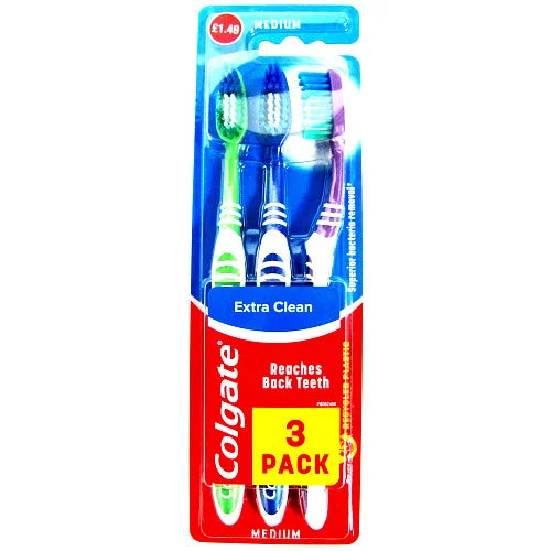 Colgate Extra Clean Toothbrush 3 Pack, front of pack