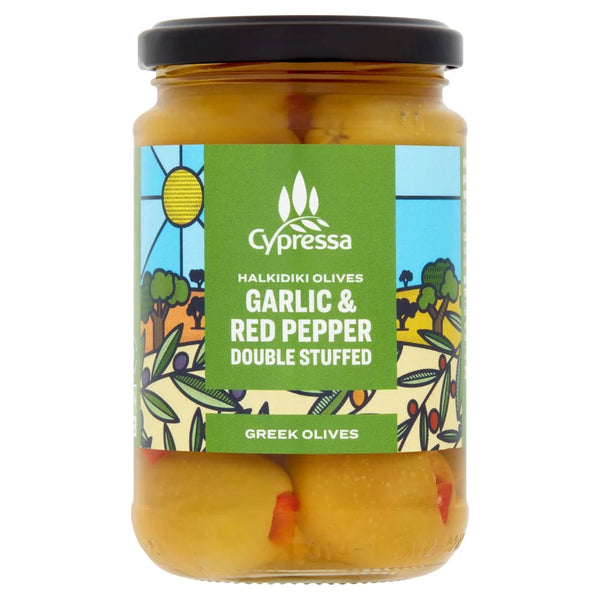 Cypressa Garlic & Red Peppers Double Stuffed Halkidiki Olives 315g, front of pack