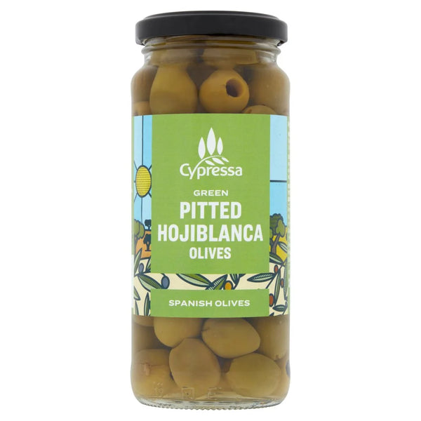 Cypressa Green Pitted Hojiblanca Olives 340g, front of pack