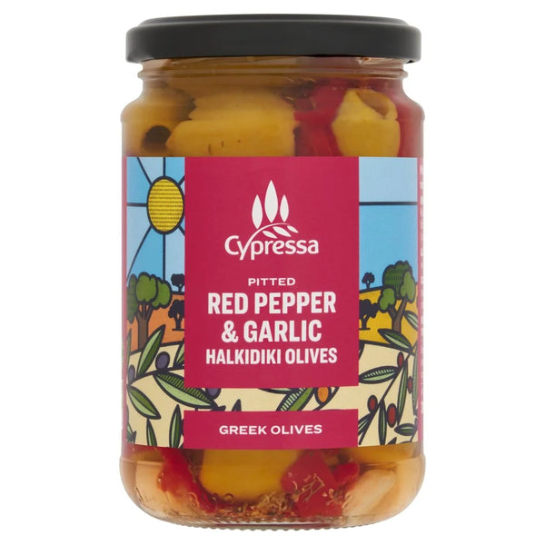 Cypressa Pitted Red Pepper & Garlic Halkidiki Olives 315g, front of pack
