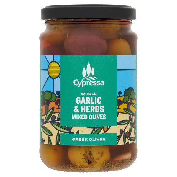 Cypressa Whole Garlic & Herbs Mixed Olives 315g, front of pack