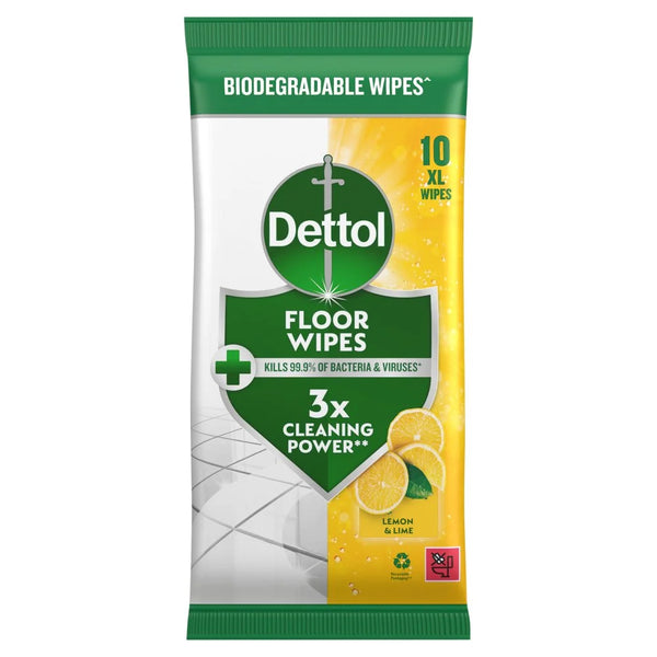 Dettol Lemon and Lime XL Floor Wipes 10 Wipes, front of pack