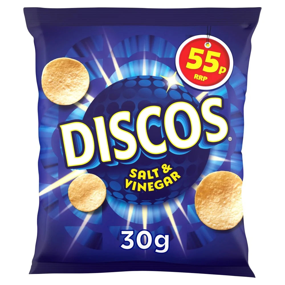 Discos Salt and Vinegar Crisps 30g bag, front of pack
