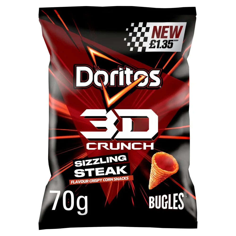 Doritos 3D Crunch Sizzling Steak Crisps 70g, front of pack