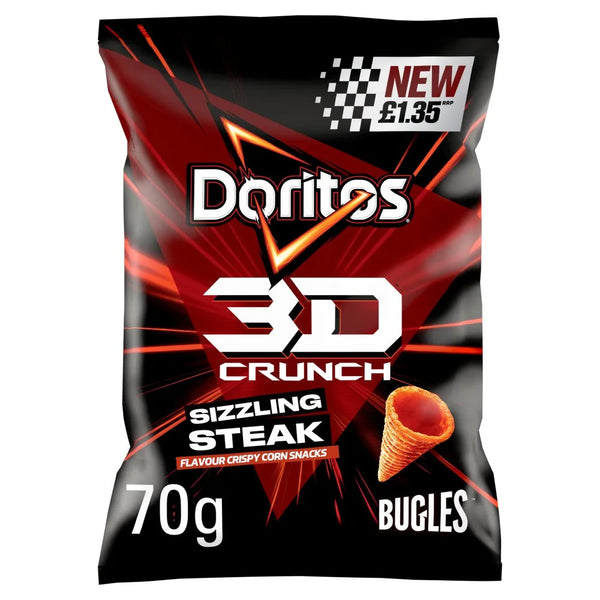Doritos 3D Crunch Sizzling Steak Crisps 70g, front of pack