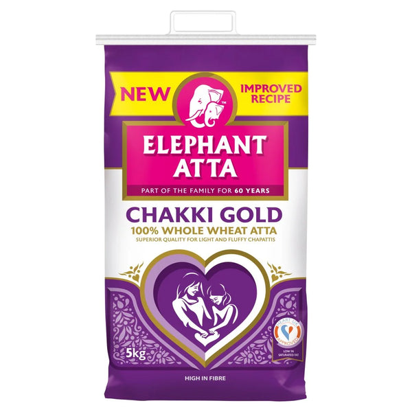 Elephant Atta Chakki Gold Whole Wheat Chapatti Flour 5kg, front of pack