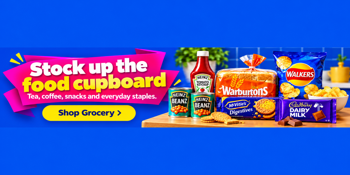 Stock up the food cupboard. Tea, coffee, snacks and everyday staples. Shop Grocery.