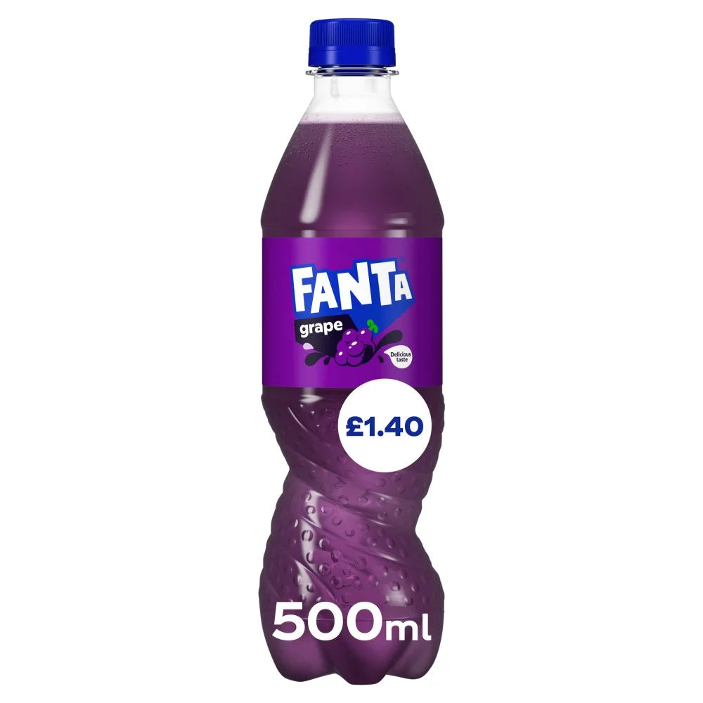 Fanta Grape fizzy drink 500ml bottle, front of pack