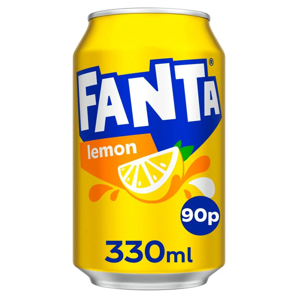 Fanta Lemon Soft Drink 330ml Can, front of pack