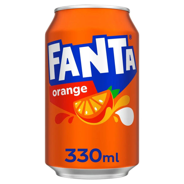 Fanta Orange 330ml cans, pack of 24, front of pack
