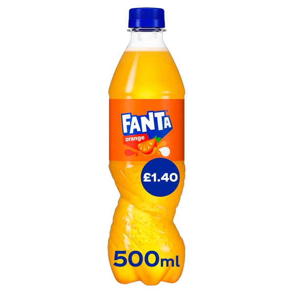 Fanta Orange Fizzy Drink 500ml Bottles, front of pack