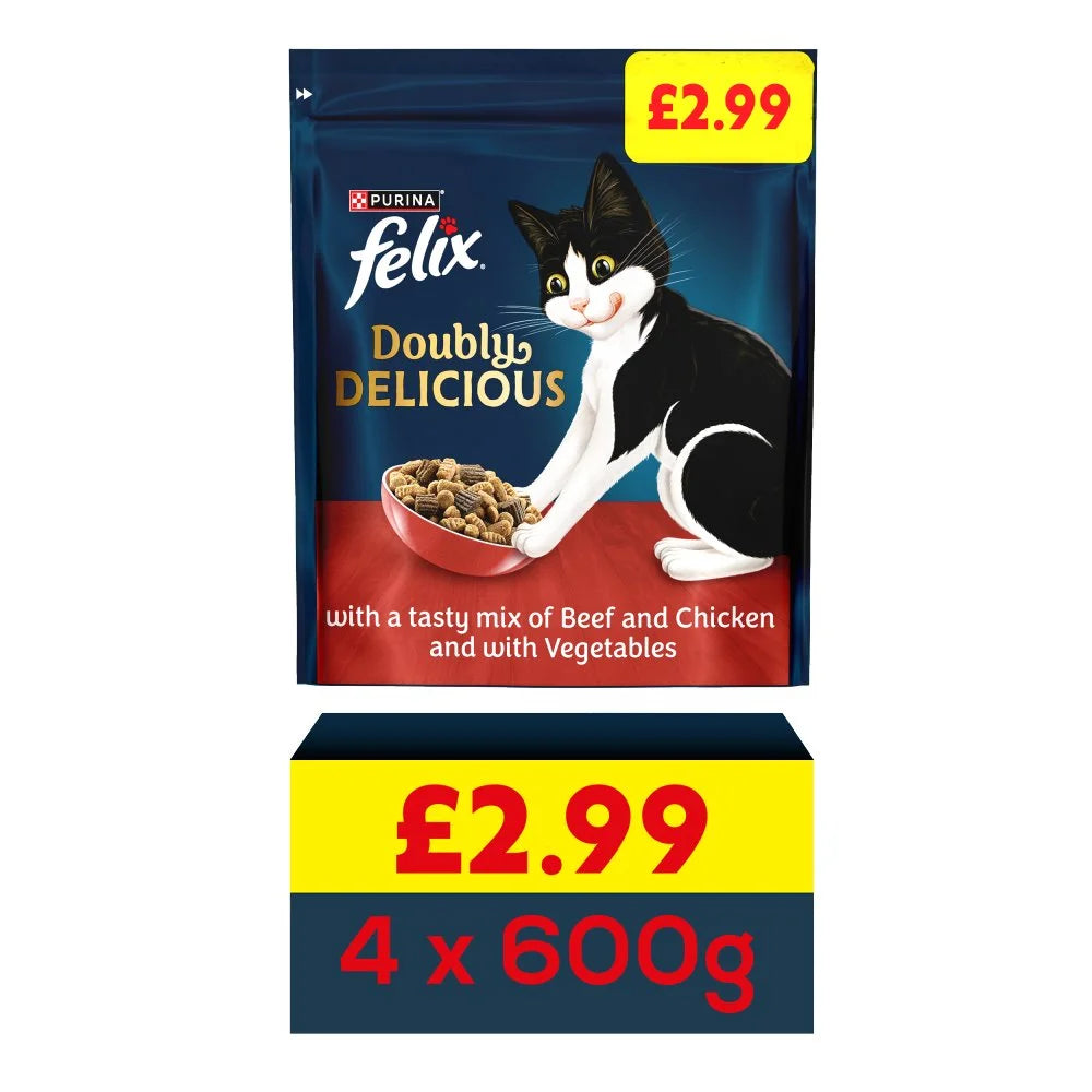 Felix Doubly Delicious Beef, Chicken and Veg Dry Cat Food 600g, front of pack