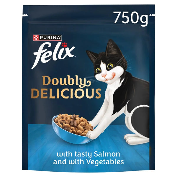 Felix Doubly Delicious Salmon and Veg Dry Cat Food 750g, front of pack