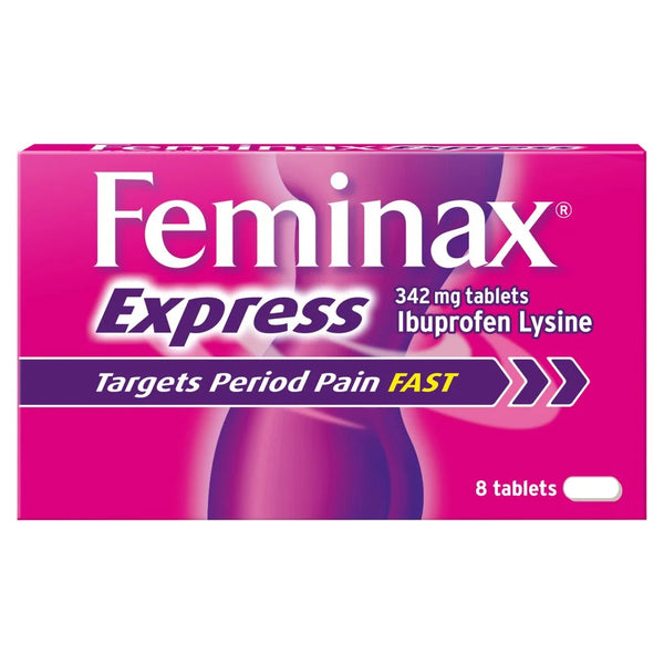 Feminax Express Ibuprofen Lysine 342mg 8 Tablets, front of pack